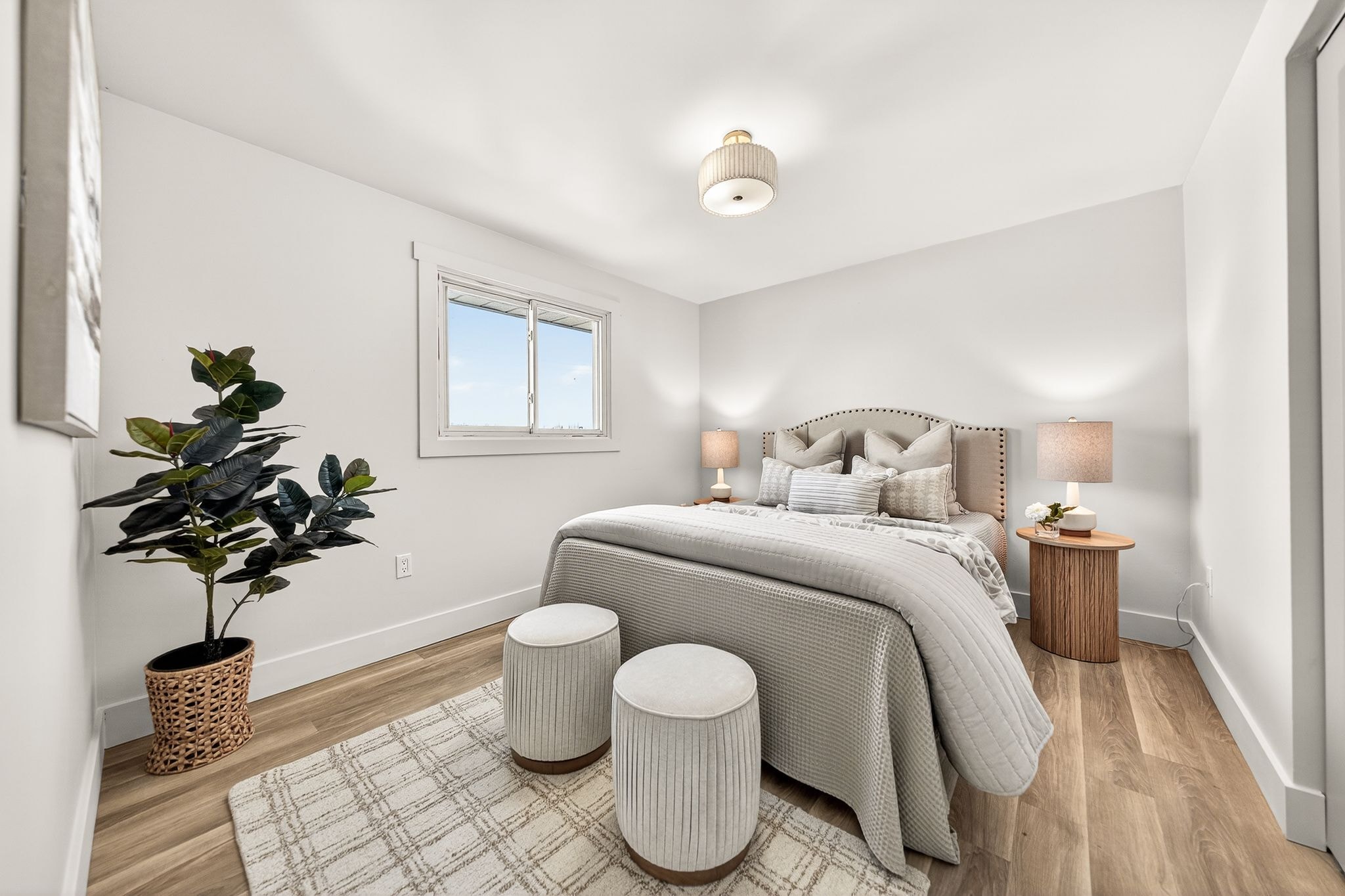 Cambridge house refresh — primary bedroom with new LVP flooring, updated flush mount light fixture and fresh paint